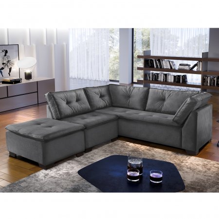 Sofa de Canto Versatil com Puff 213x250 cm Tecido Veludo Grafite 10307044