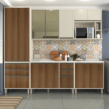 Cozinha Completa Linea 5 Peças 270 cm Avelã com Mocca com Vidro 10146296-297-298-300-301-302