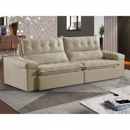 Sofa Retratil com Encosto Reclinavel Londres 300 cm Molas Ensacadas Tecido Veludo Bege Claro 25008414