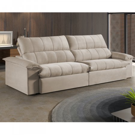 Sofa Retratil com Encosto Reclinavel Triton 300cm Molas Ensacadas Veludo Bege Claro 25008426