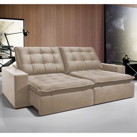 Sofa Retratil com Encosto Reclinavel Maximus 290cm Veludo Bege Claro 25008421