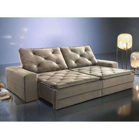 Sofa Retratil com Encosto Reclinavel Vegas 250 cm Tecido Veludo Bege Claro 10307029